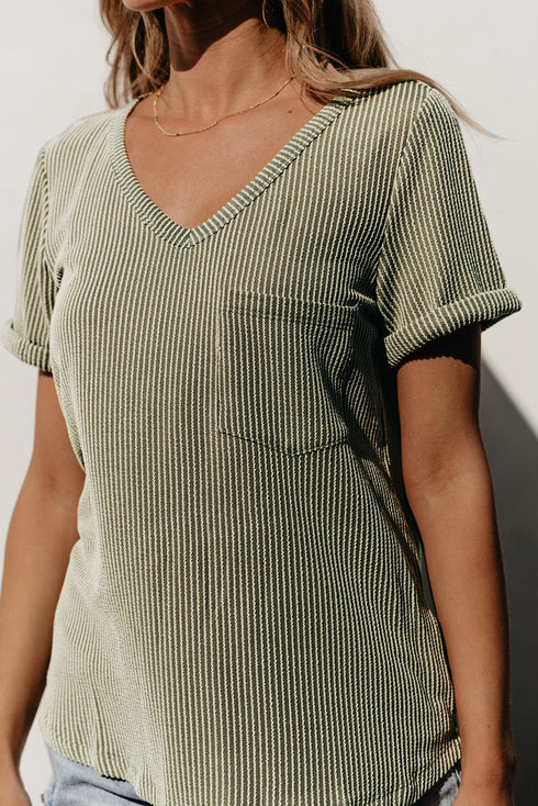 Textured Corded Knit V Neck Short Sleeve Top