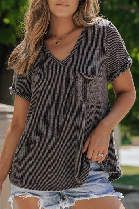 Textured Corded Knit V Neck Short Sleeve Top