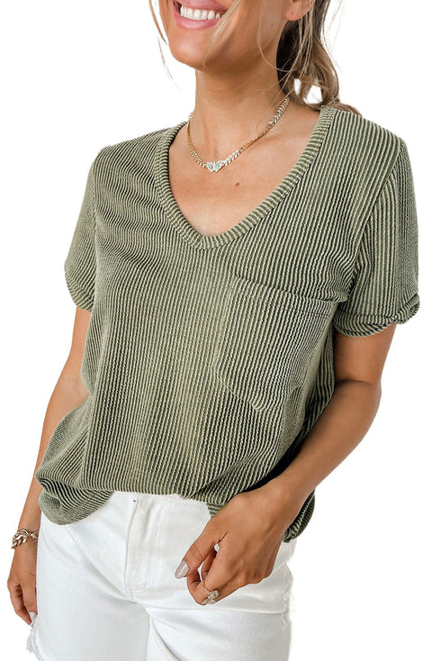 Textured Corded Knit V Neck Short Sleeve Top