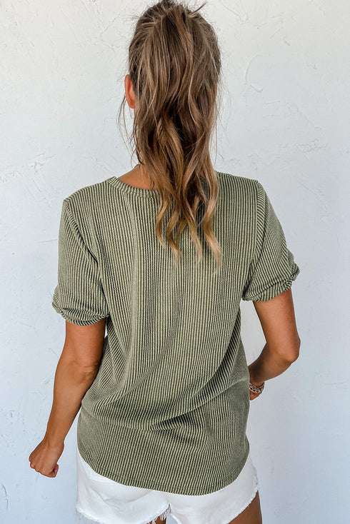 Textured Corded Knit V Neck Short Sleeve Top