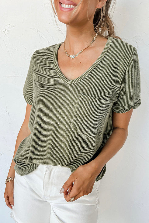 Textured Corded Knit V Neck Short Sleeve Top