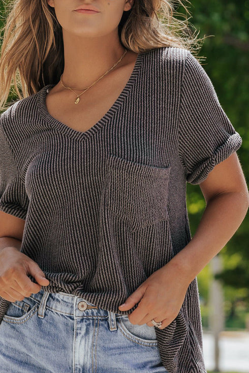 Textured Corded Knit V Neck Short Sleeve Top