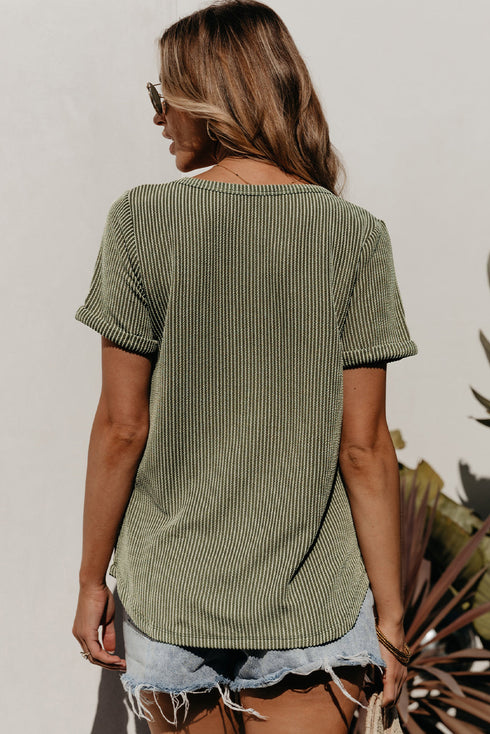 Textured Corded Knit V Neck Short Sleeve Top