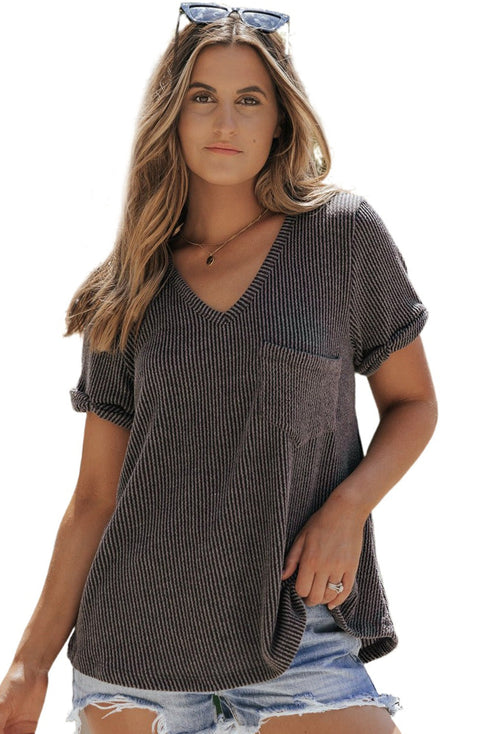 Textured Corded Knit V Neck Short Sleeve Top