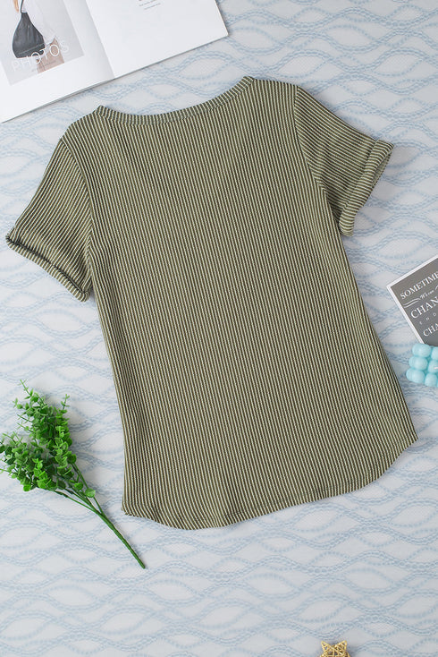 Textured Corded Knit V Neck Short Sleeve Top