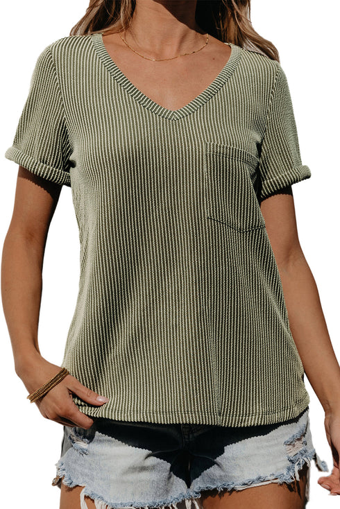 Textured Corded Knit V Neck Short Sleeve Top