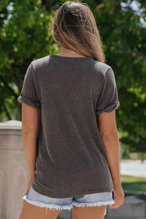 Textured Corded Knit V Neck Short Sleeve Top