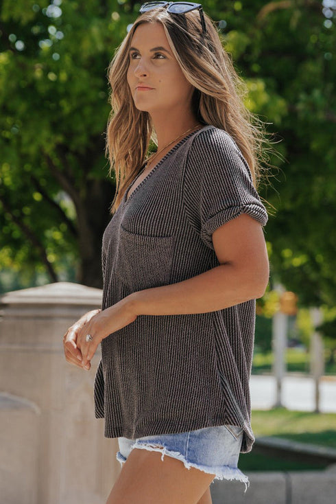 Textured Corded Knit V Neck Short Sleeve Top