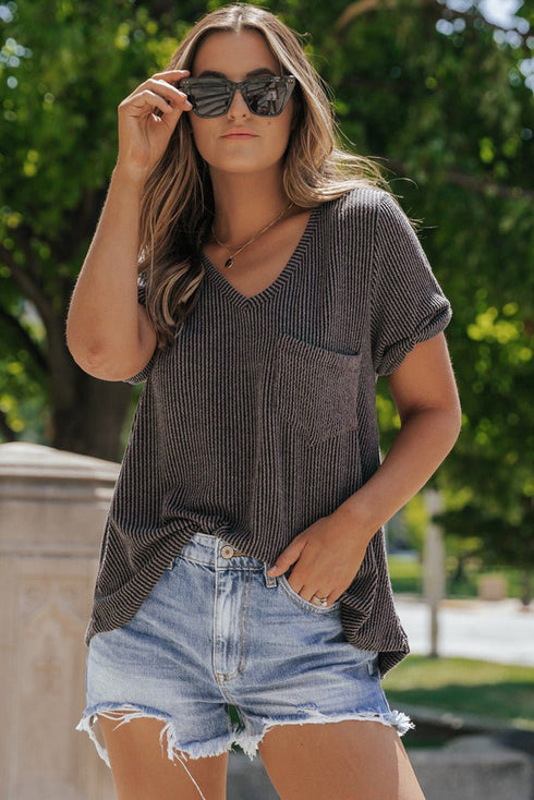Textured Corded Knit V Neck Short Sleeve Top