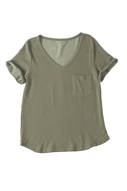Textured Corded Knit V Neck Short Sleeve Top