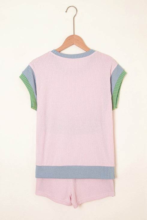 Textured Corded Patchwork Short Sleeve Boxy Short Sets