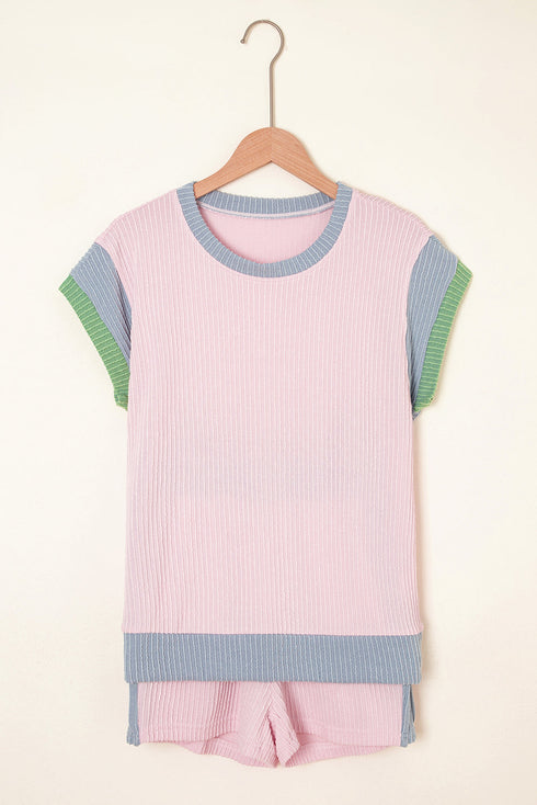 Textured Corded Patchwork Short Sleeve Boxy Short Sets