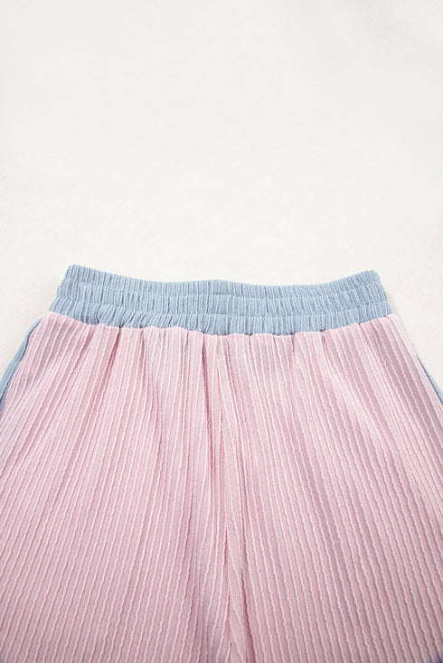 Textured Corded Patchwork Short Sleeve Boxy Short Sets