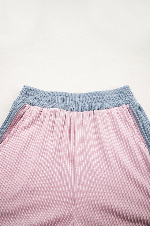 Textured Corded Patchwork Short Sleeve Boxy Short Sets