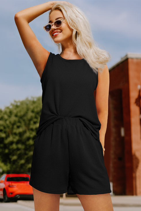 Textured Corded Sleeveless Pocketed Two Piece Shorts Set