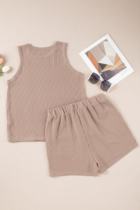 Textured Corded Sleeveless Pocketed Two Piece Shorts Set