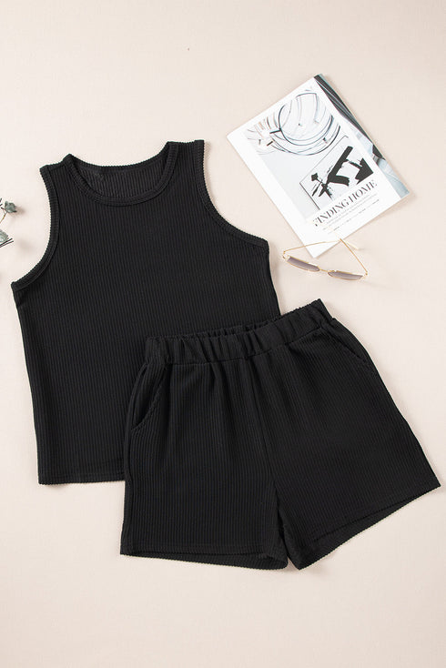 Textured Corded Sleeveless Pocketed Two Piece Shorts Set