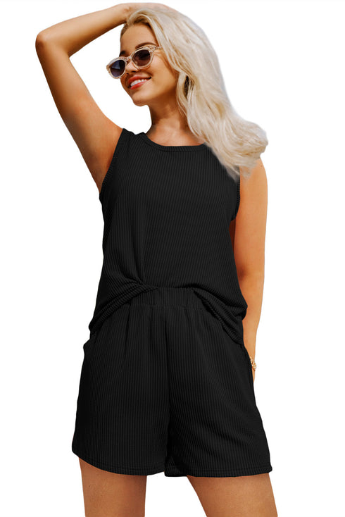 Textured Corded Sleeveless Pocketed Two Piece Shorts Set
