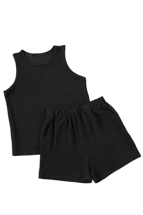 Textured Corded Sleeveless Pocketed Two Piece Shorts Set
