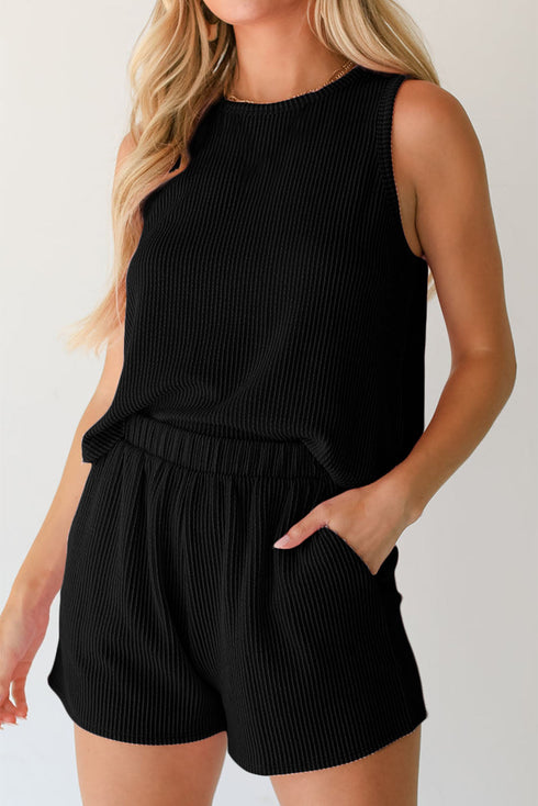 Textured Corded Sleeveless Pocketed Two Piece Shorts Set