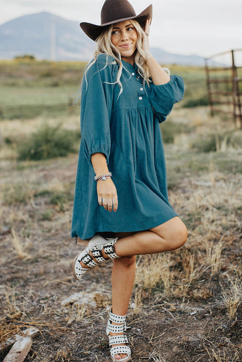 Textured Corduroy Button Front Balloon Sleeve Babydoll Mini Dress
