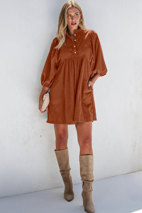 Textured Corduroy Button Front Balloon Sleeve Babydoll Mini Dress