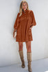 Textured Corduroy Button Front Balloon Sleeve Babydoll Mini Dress