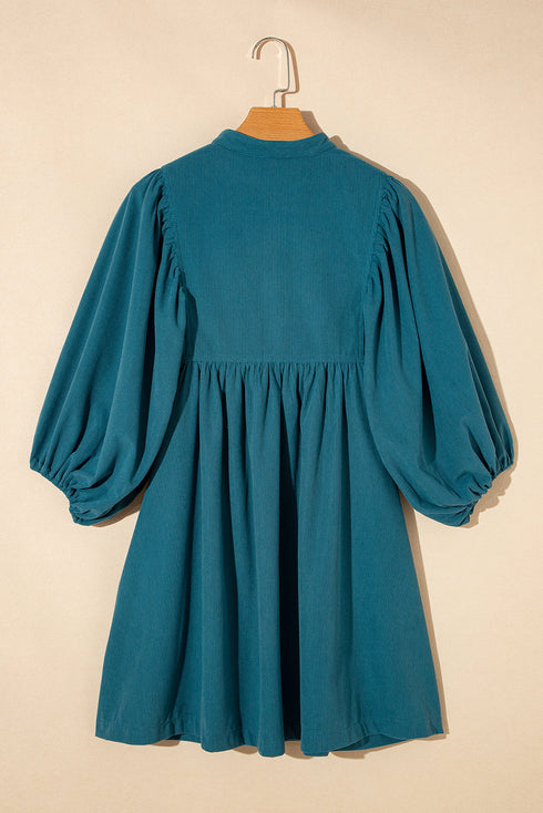 Textured Corduroy Button Front Balloon Sleeve Babydoll Mini Dress