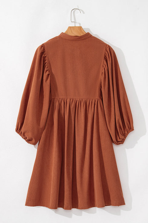 Textured Corduroy Button Front Balloon Sleeve Babydoll Mini Dress