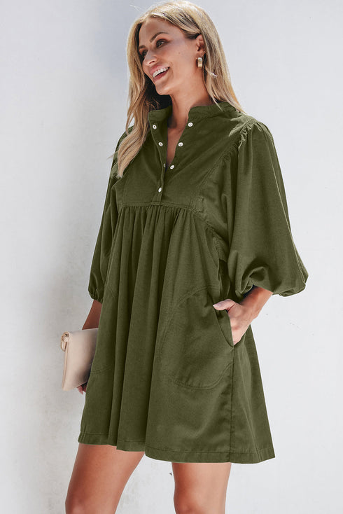 Textured Corduroy Button Front Balloon Sleeve Babydoll Mini Dress