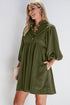 Textured Corduroy Button Front Balloon Sleeve Babydoll Mini Dress