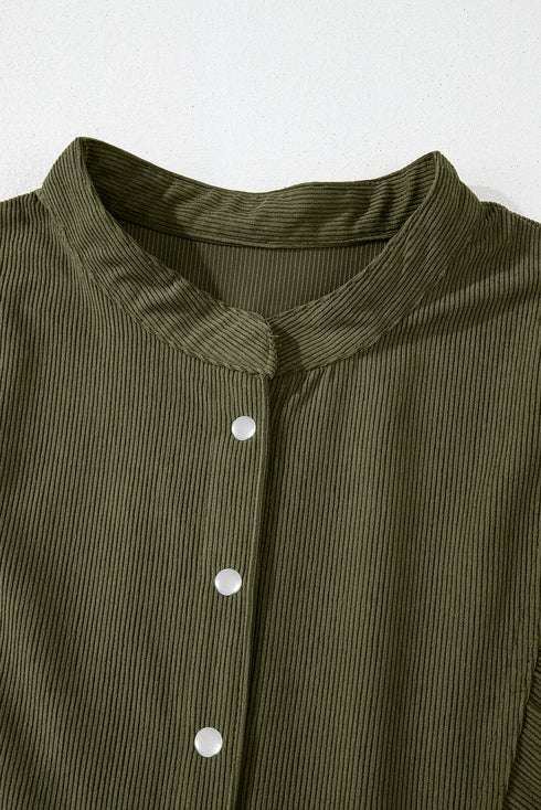 Textured Corduroy Button Front Balloon Sleeve Babydoll Mini Dress