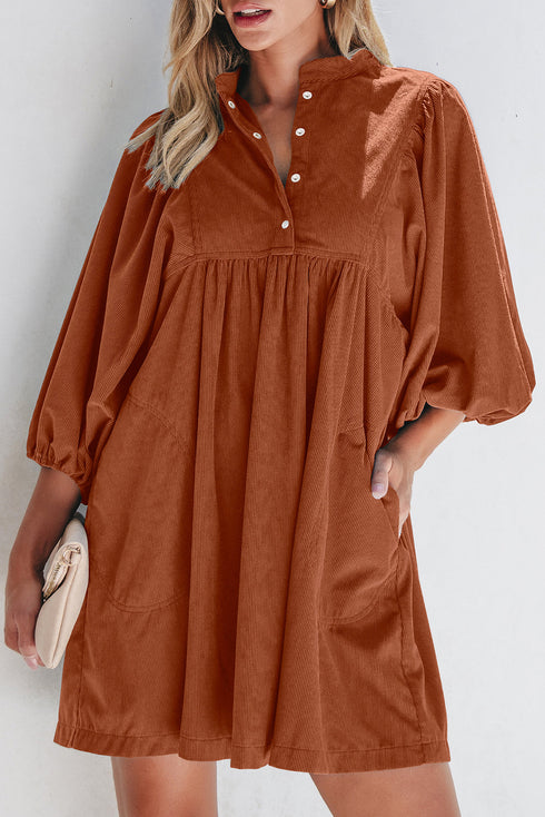 Textured Corduroy Button Front Balloon Sleeve Babydoll Mini Dress