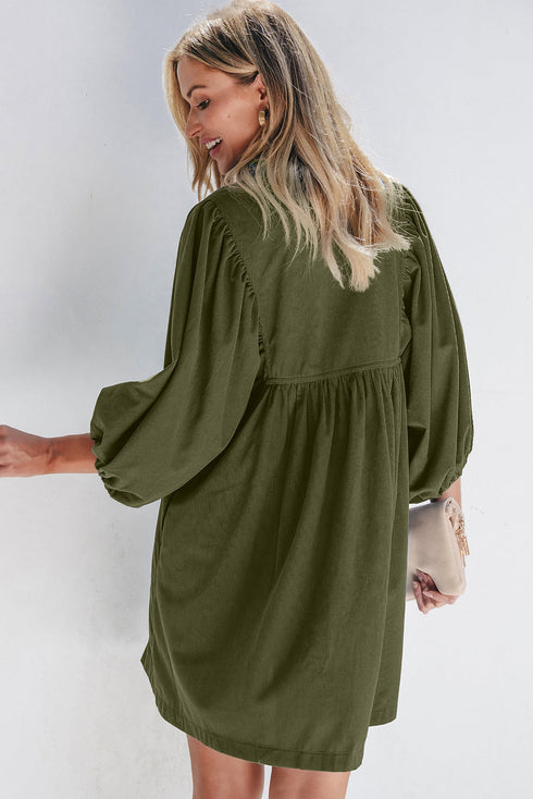 Textured Corduroy Button Front Balloon Sleeve Babydoll Mini Dress