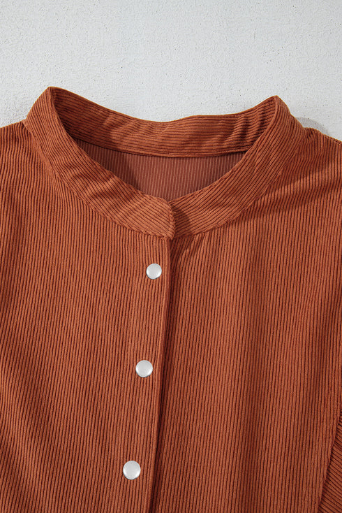 Textured Corduroy Button Front Balloon Sleeve Babydoll Mini Dress