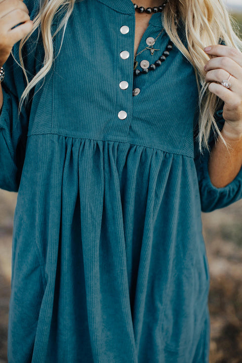Textured Corduroy Button Front Balloon Sleeve Babydoll Mini Dress
