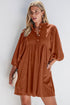 Textured Corduroy Button Front Balloon Sleeve Babydoll Mini Dress