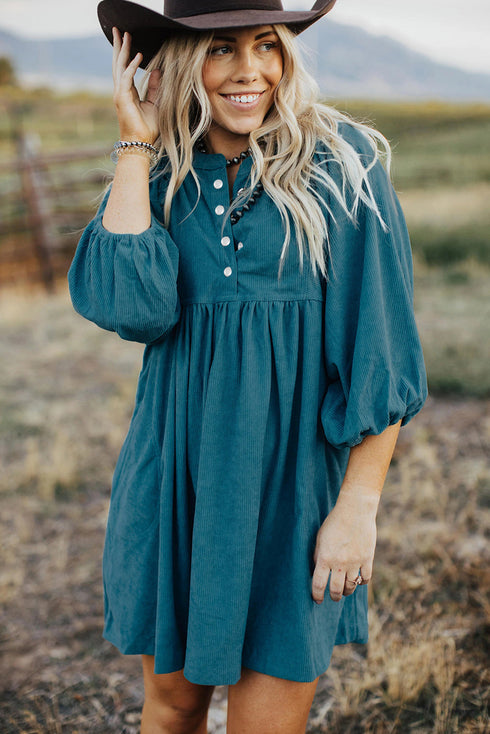 Textured Corduroy Button Front Balloon Sleeve Babydoll Mini Dress