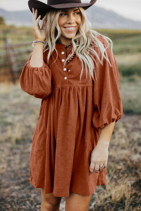 Textured Corduroy Button Front Balloon Sleeve Babydoll Mini Dress