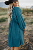 Textured Corduroy Button Front Balloon Sleeve Babydoll Mini Dress