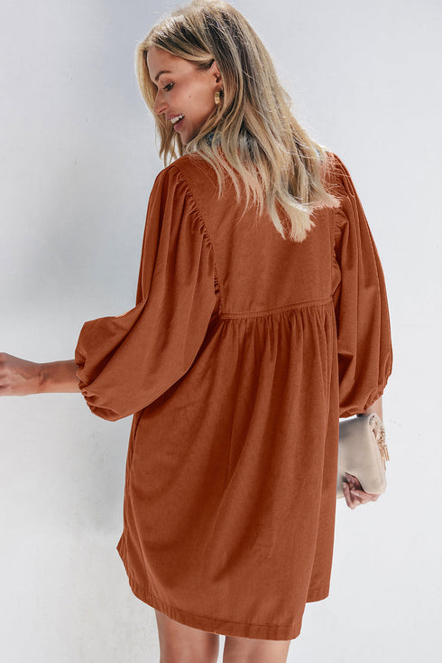 Textured Corduroy Button Front Balloon Sleeve Babydoll Mini Dress