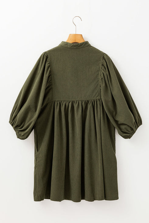 Textured Corduroy Button Front Balloon Sleeve Babydoll Mini Dress
