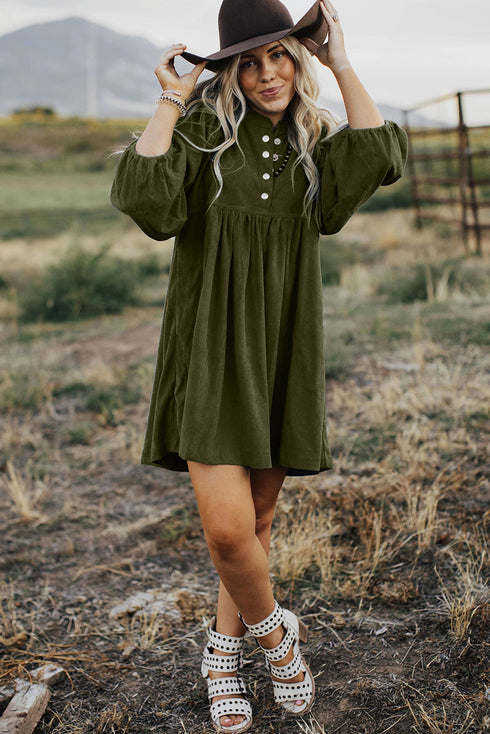 Textured Corduroy Button Front Balloon Sleeve Babydoll Mini Dress