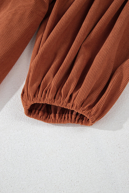 Textured Corduroy Button Front Balloon Sleeve Babydoll Mini Dress