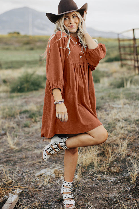 Textured Corduroy Button Front Balloon Sleeve Babydoll Mini Dress