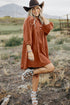 Textured Corduroy Button Front Balloon Sleeve Babydoll Mini Dress