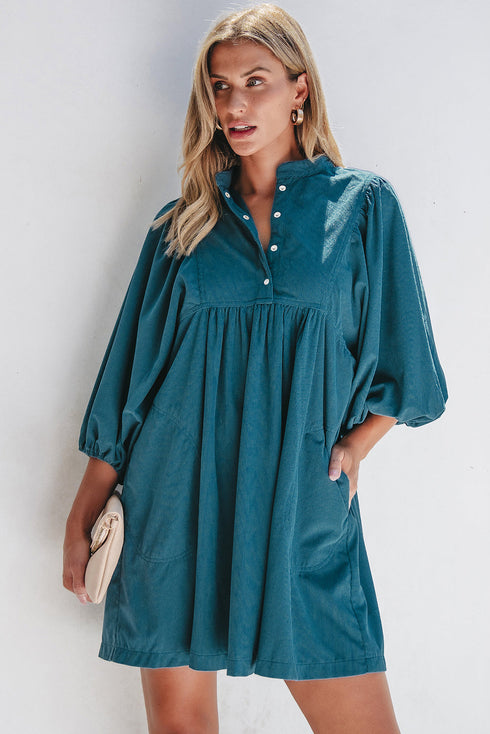 Textured Corduroy Button Front Balloon Sleeve Babydoll Mini Dress