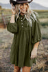 Textured Corduroy Button Front Balloon Sleeve Babydoll Mini Dress