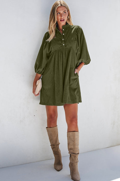 Textured Corduroy Button Front Balloon Sleeve Babydoll Mini Dress