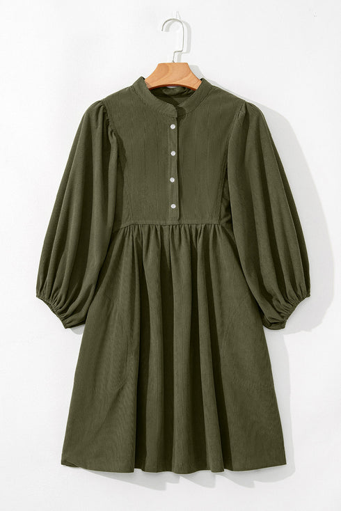 Textured Corduroy Button Front Balloon Sleeve Babydoll Mini Dress